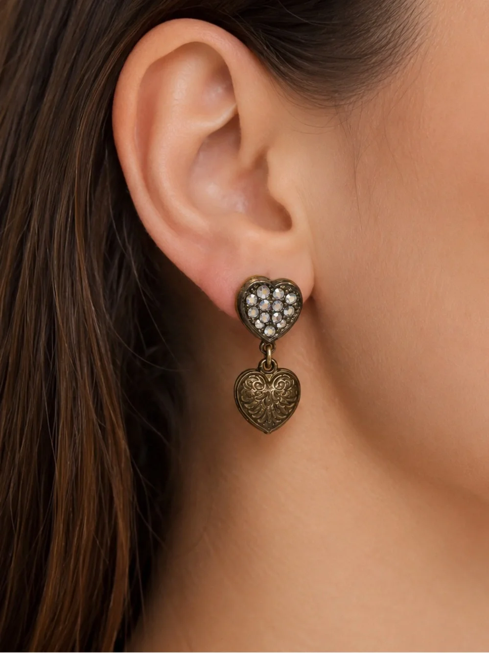 Vintage Gold bronze toned Heart Drop Earrings with Crystal Accents